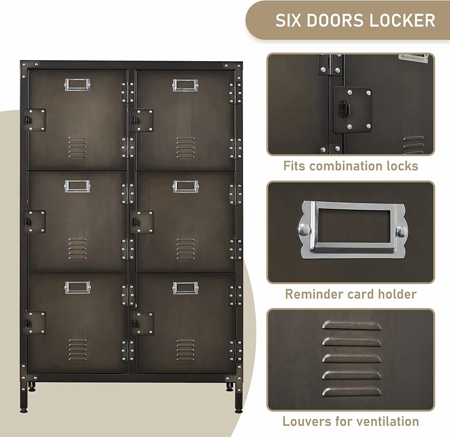 Vintage Metal Storage Cabinet 47.3H Industrial Steel Locker Cabinet with 6 Doors