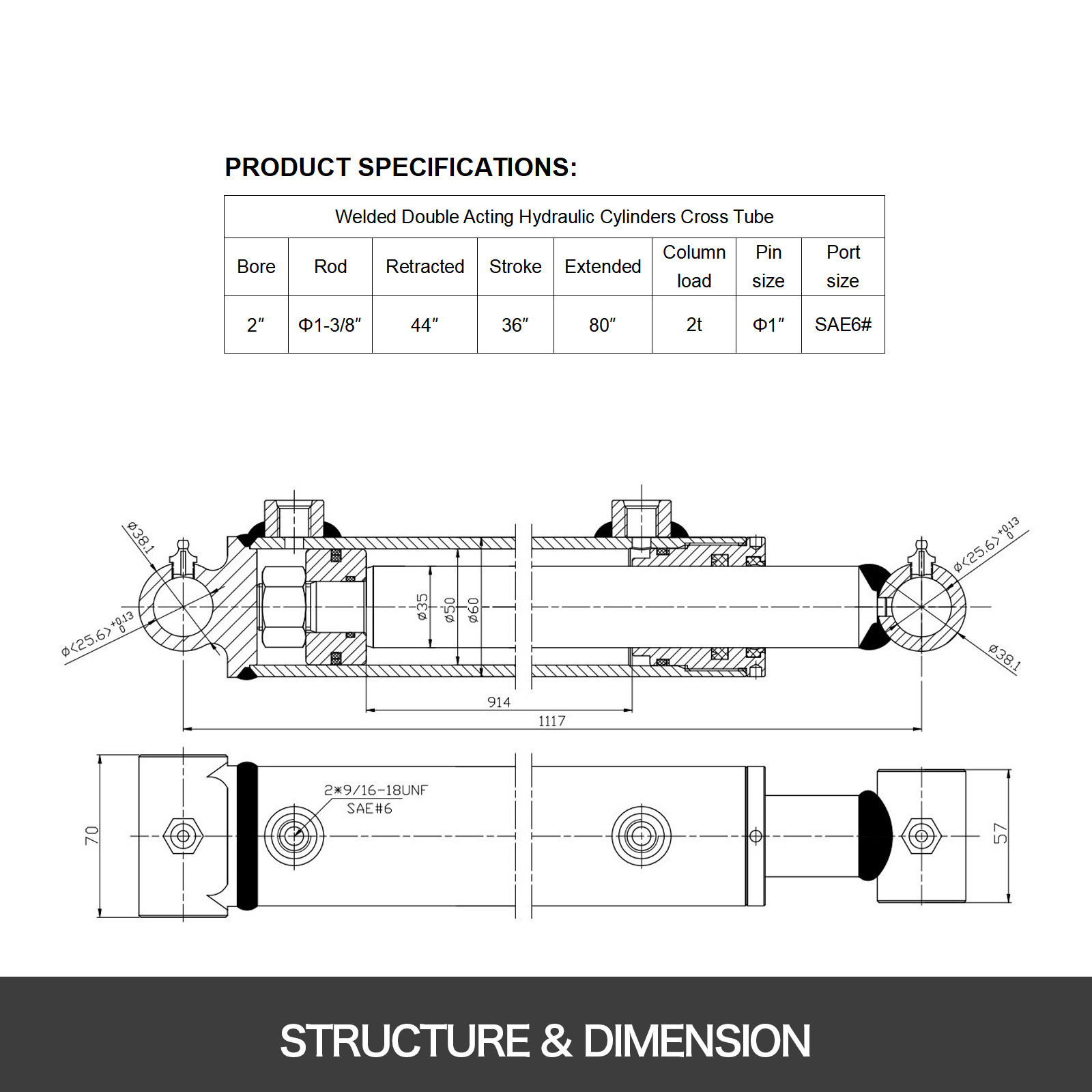 VEVOR 2″ Bore 36″ Stroke Hydraulic Cylinder Welded Double Acting 2x36in SAE6
