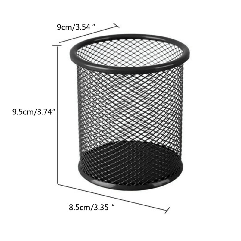 Metal Mesh Round Pen Pot Case Pencil Holder Durable Pencil Case Container Black