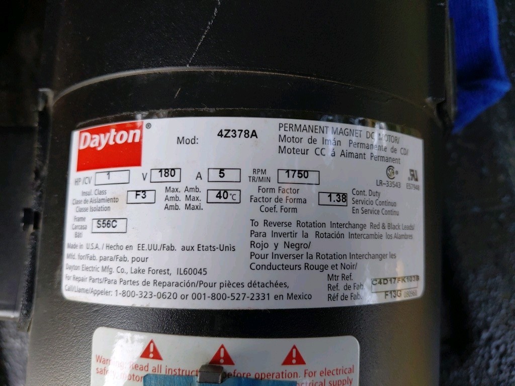 Dayton Permanent Magnet DC Motor 4Z378A, 180 VDC, 1 HP, 1750 RPM, 5 Amp, S56C