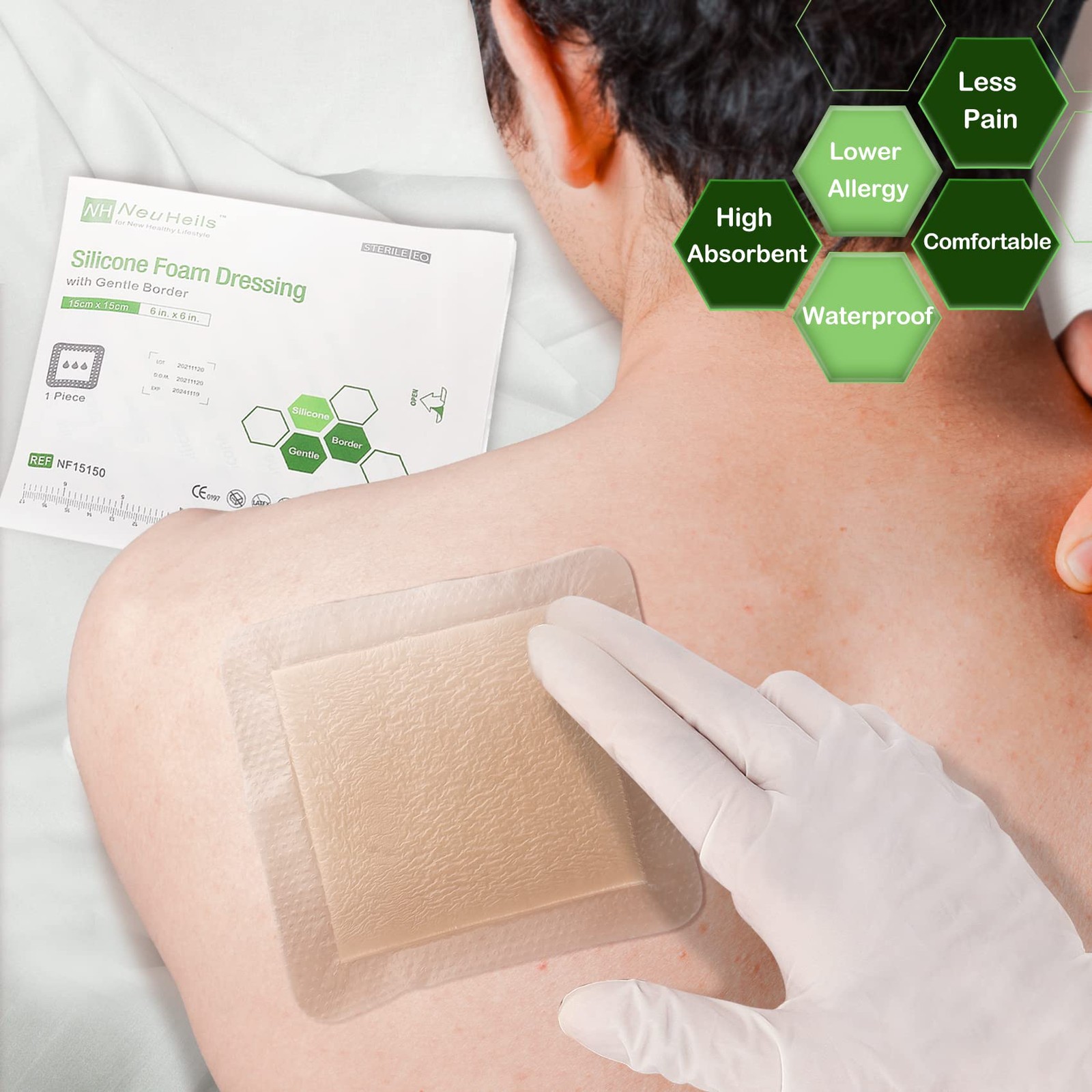 NeuHeils Silicone Adhesive Foam Dressing Bandage 6»x6» (Pack of 5), Tan