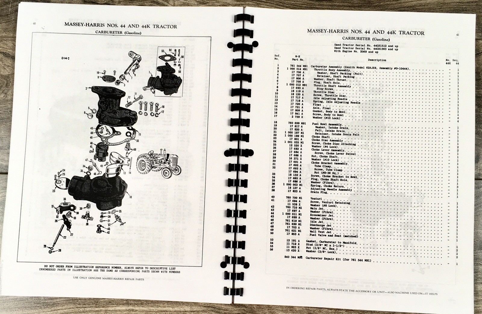 Massey Harris 44 44K Gas Tractor Parts Manual Catalog Book Assembly Schematics