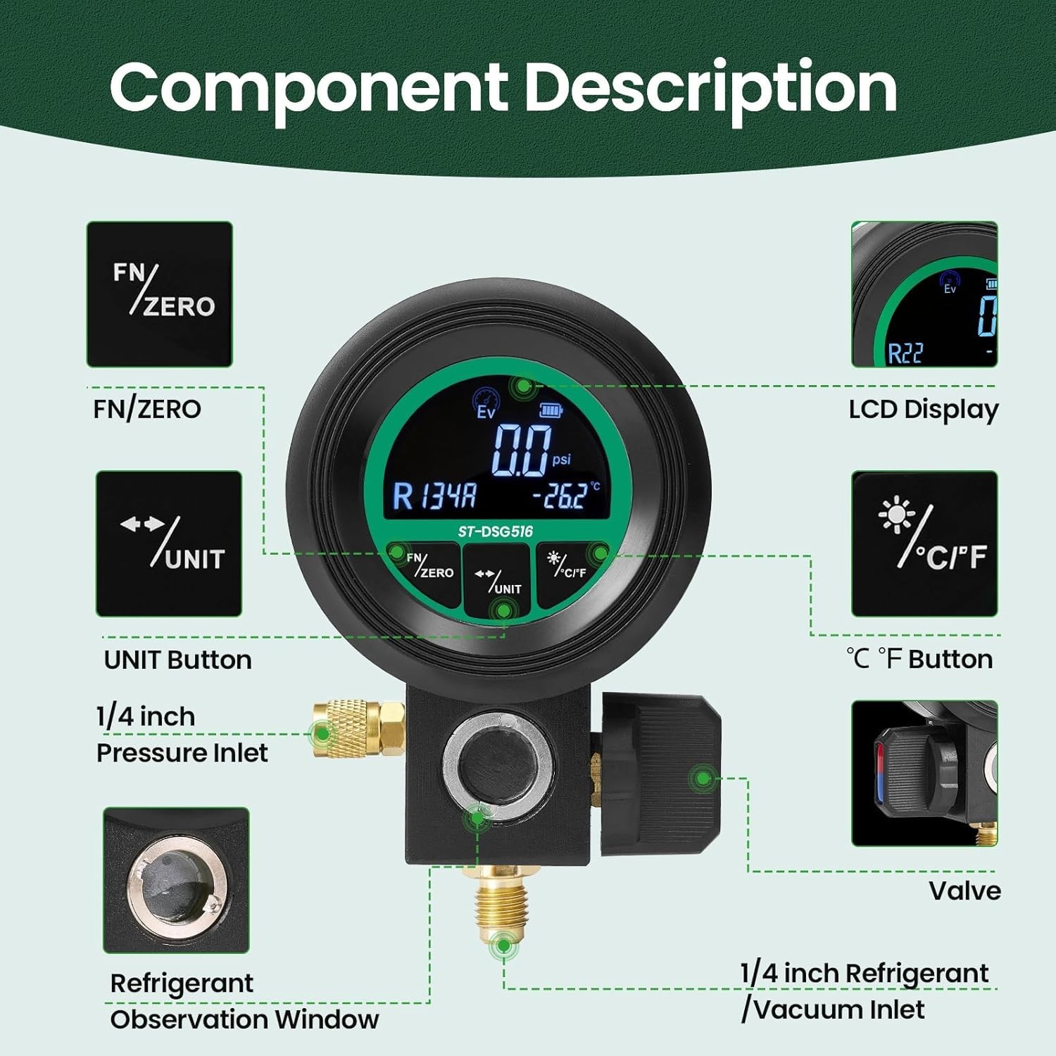 HVAC Digital Manifold Gauge with Backlit LCD & Multi-Refrigerant Support
