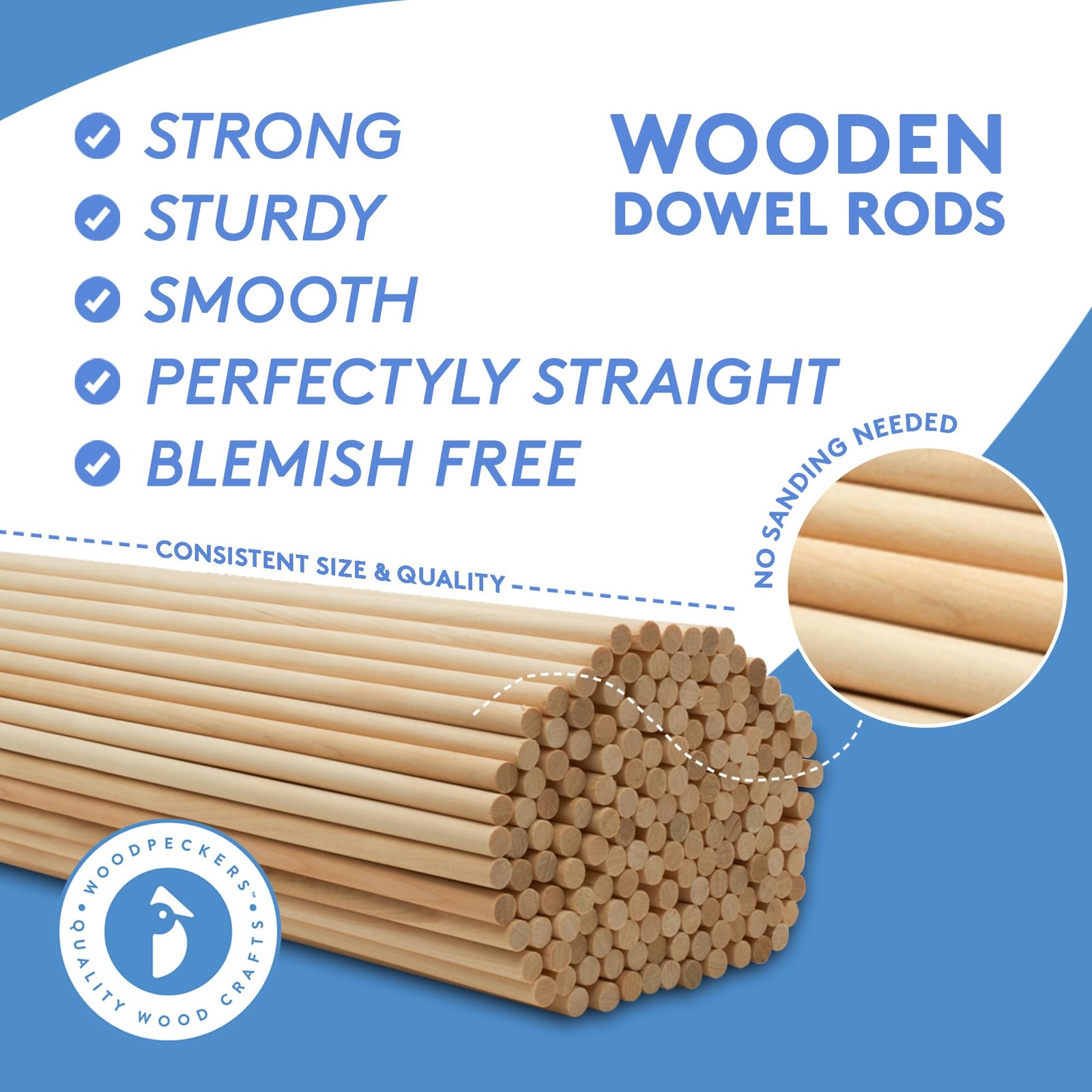 Unfinished Hardwood Dowels – 3/8 Inch x 12 3/8″ x 12″ Dowels, Pack of 25