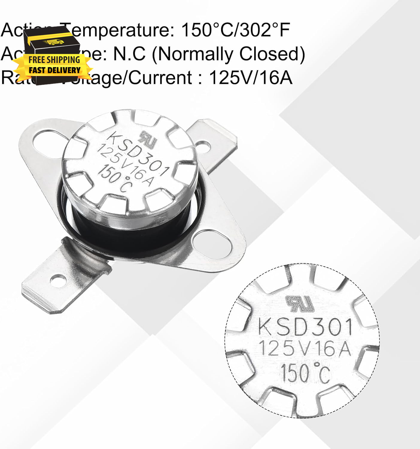 2Pcs KSD301 Thermostat 150°C/302°F 16A Normally Closed N.C Adjust Snap Disc Temp