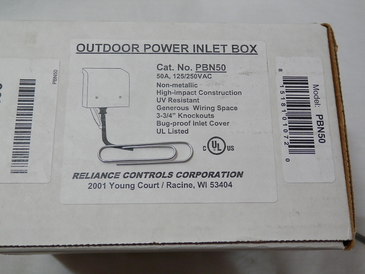 NEW Reliance PBN50 50 Amp Outdoor Power Inlet Box Plastic CS6375 CS6364 3R