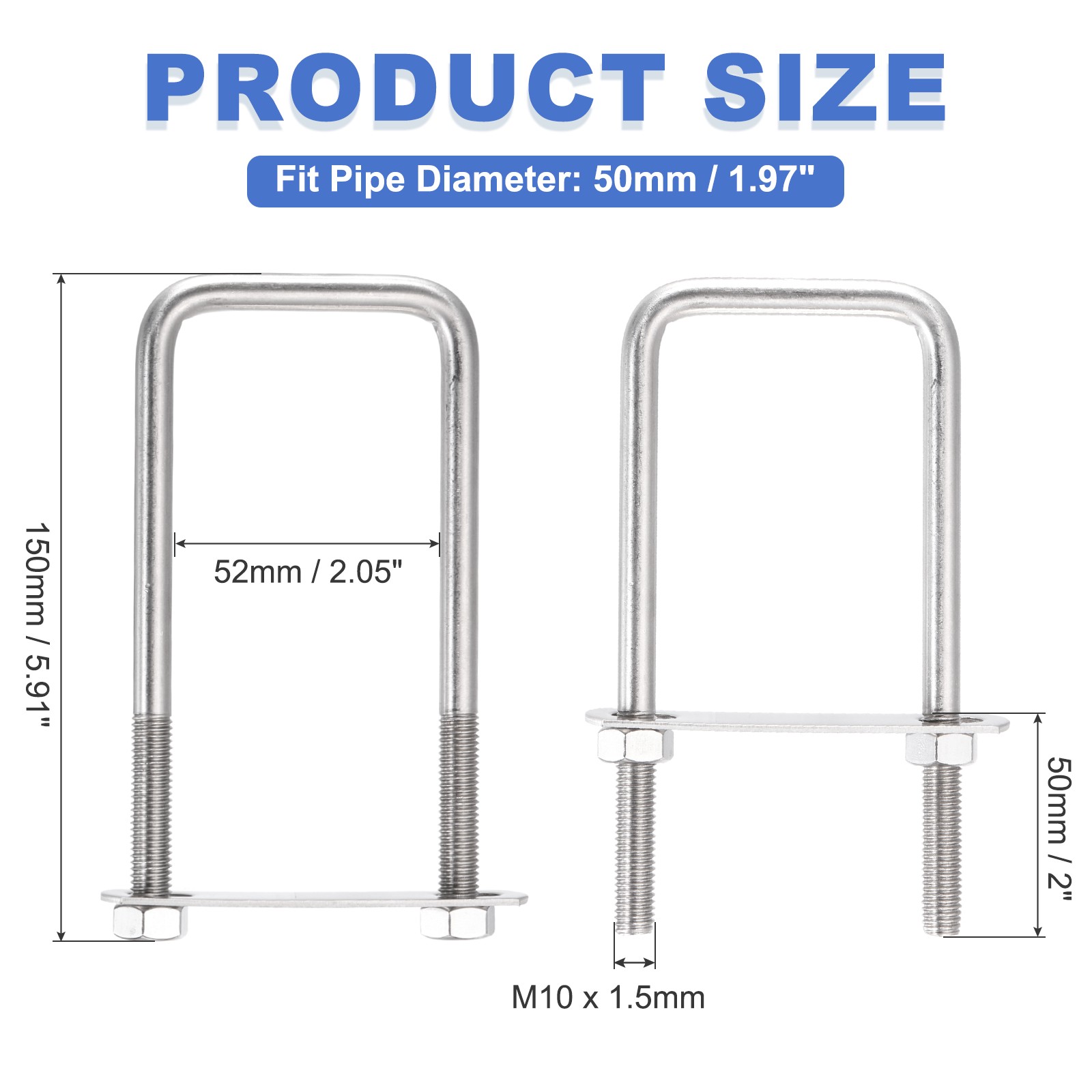 2 Sets M10 Square U-Bolts, 2.05″ Inner W 5.91″ l with Nuts, Plates and Wrench