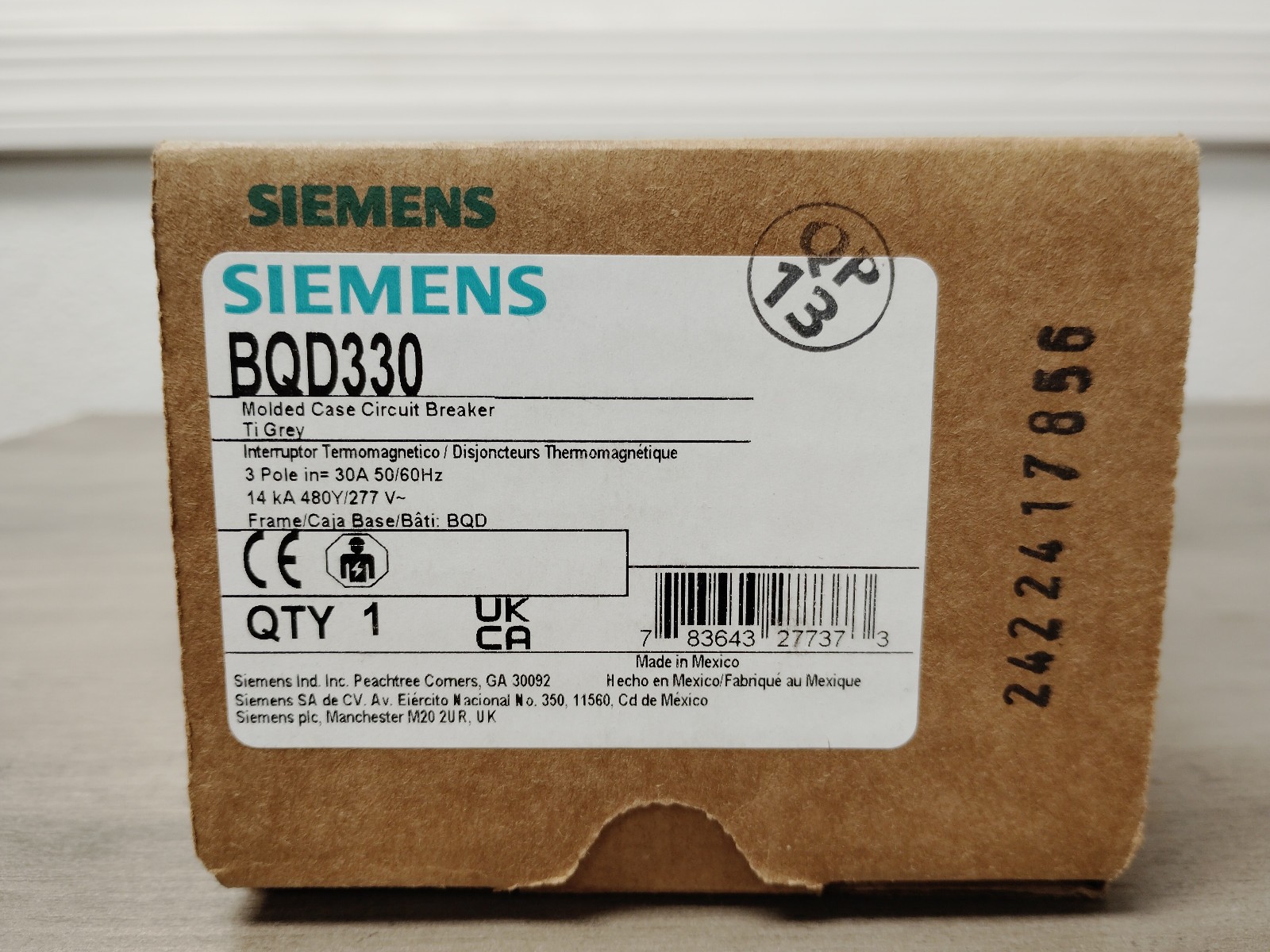 Siemens BQD330 30 Amp 3P 480V/277V 14kA Molded Case Circuit Breaker NIB