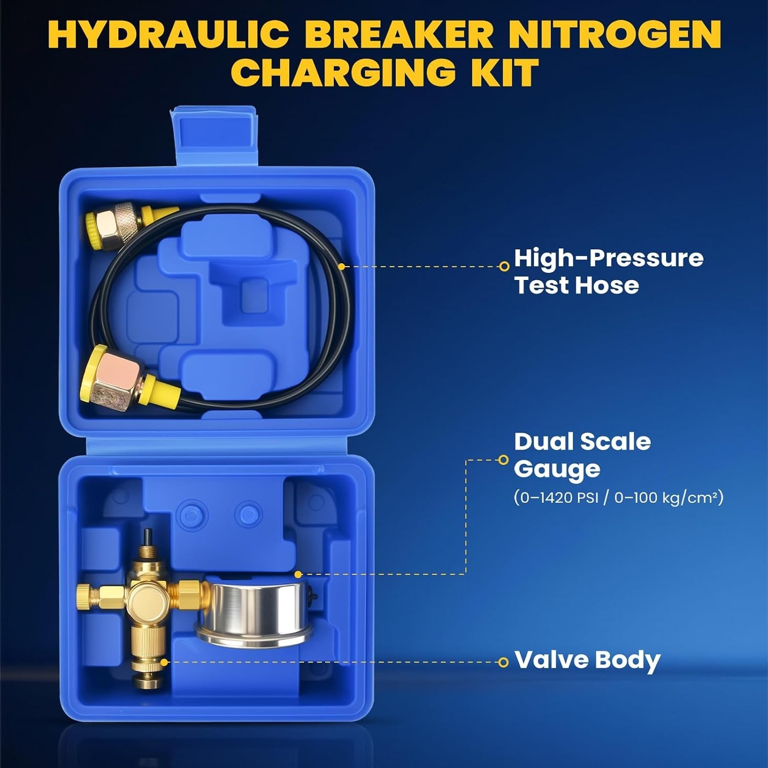 Pro Hydraulic Breaker Nitrogen Charging Kit with 0-1420 PSI Pressure Gauge