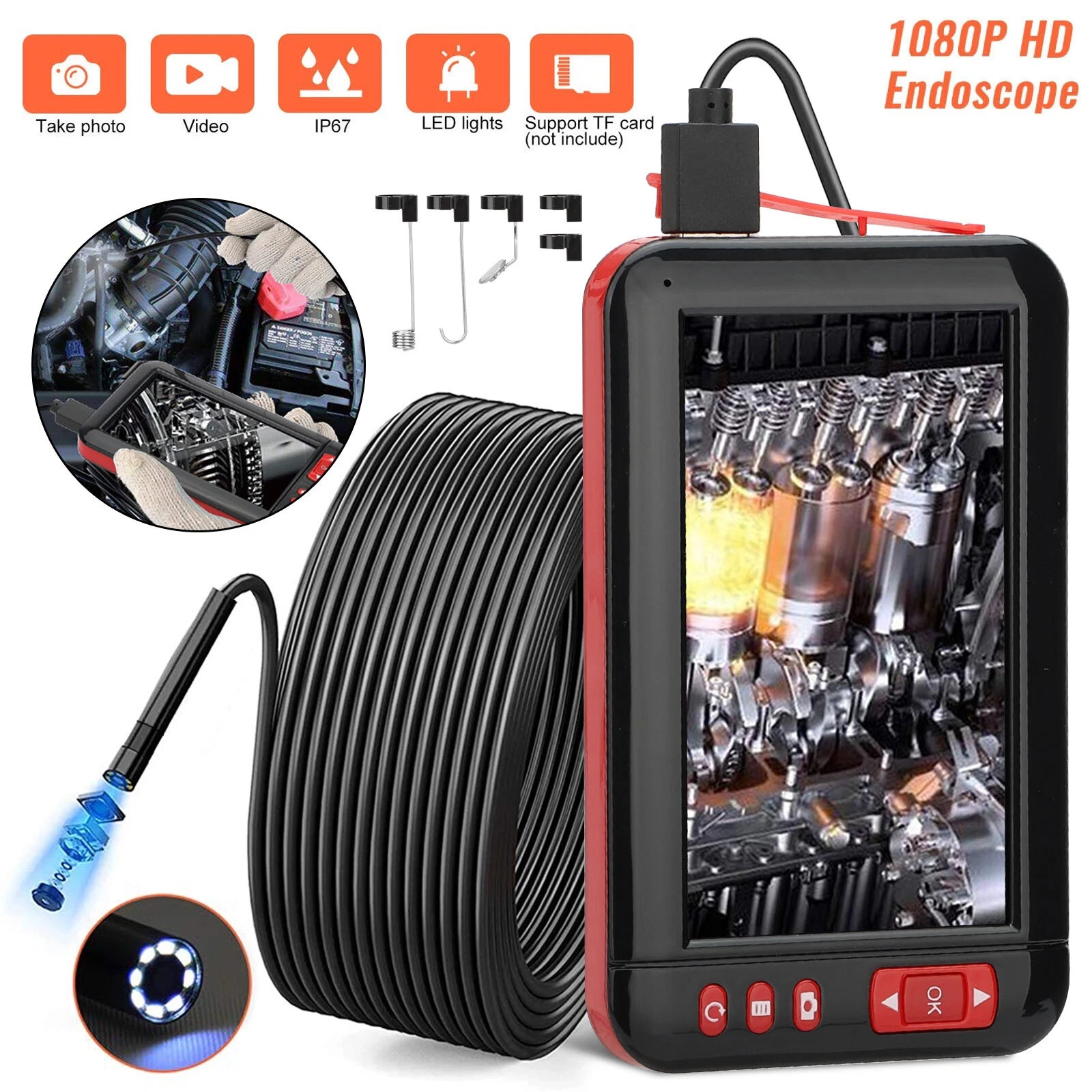 4.3″ HD LED Industrial Endoscope Borescope 1080P 8mm Inspection SnakeCamera IP67