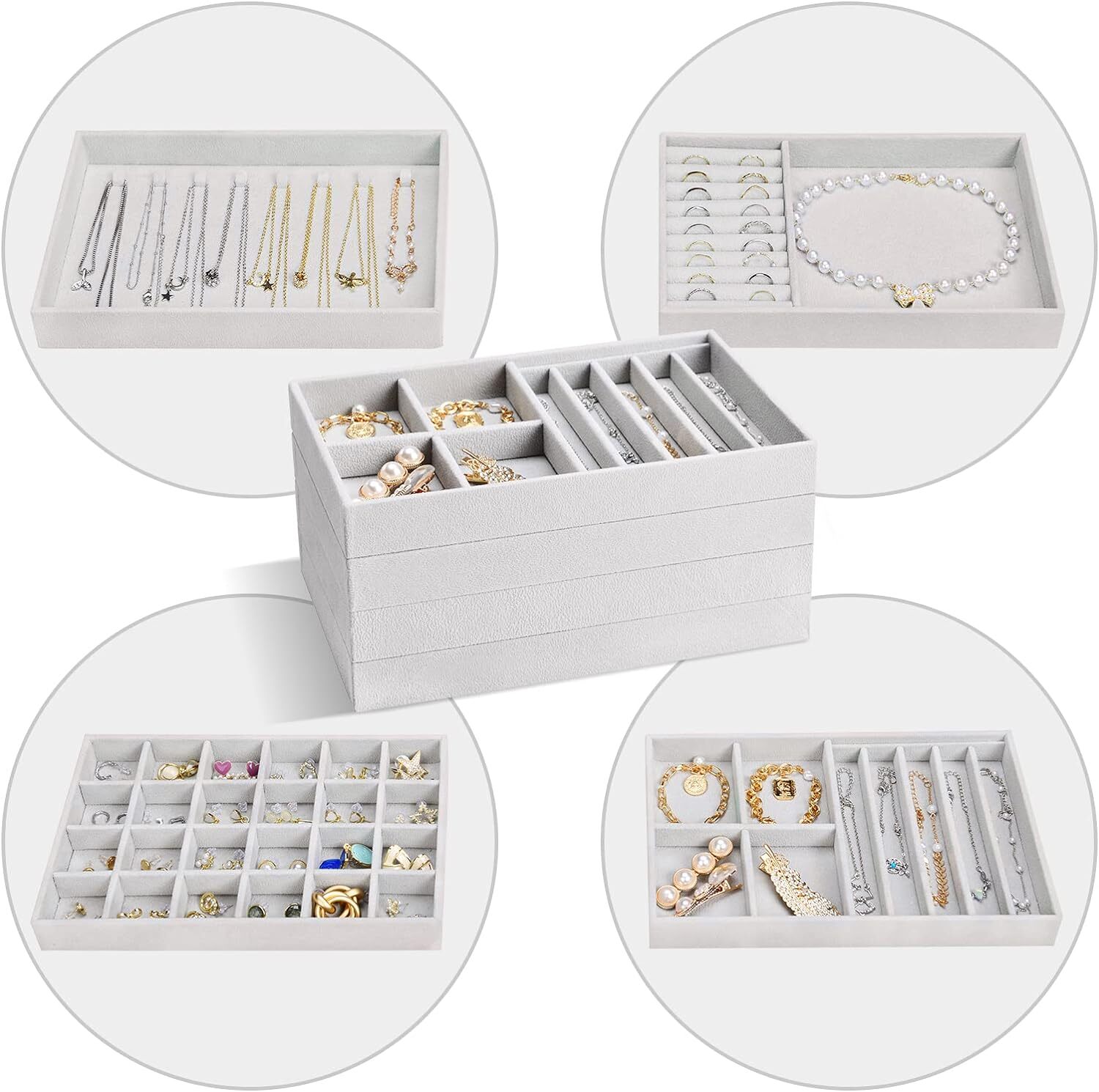 ProCase Set of 4 Stackable Jewelry Organizer Trays for Drawers, L, 1 -Grey