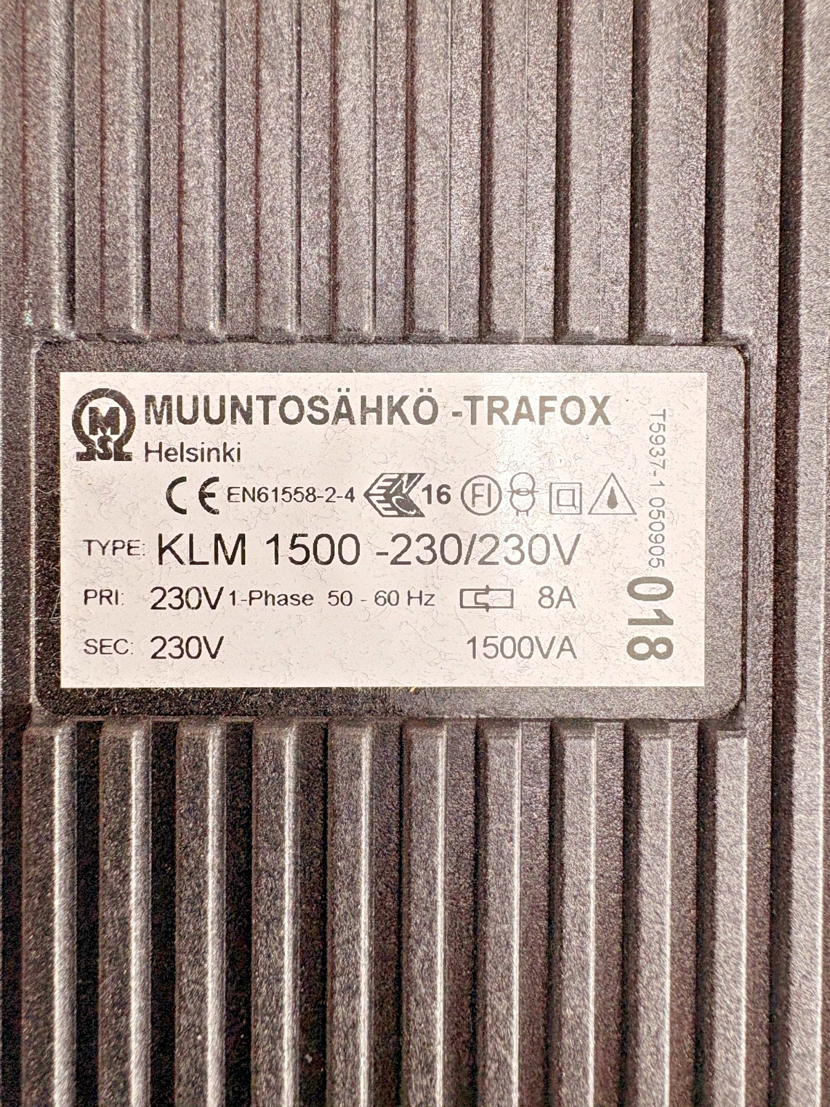 Muuntosahko Trafox KLM 1500 230V/230V Isolation Transformer 1500VA Finland