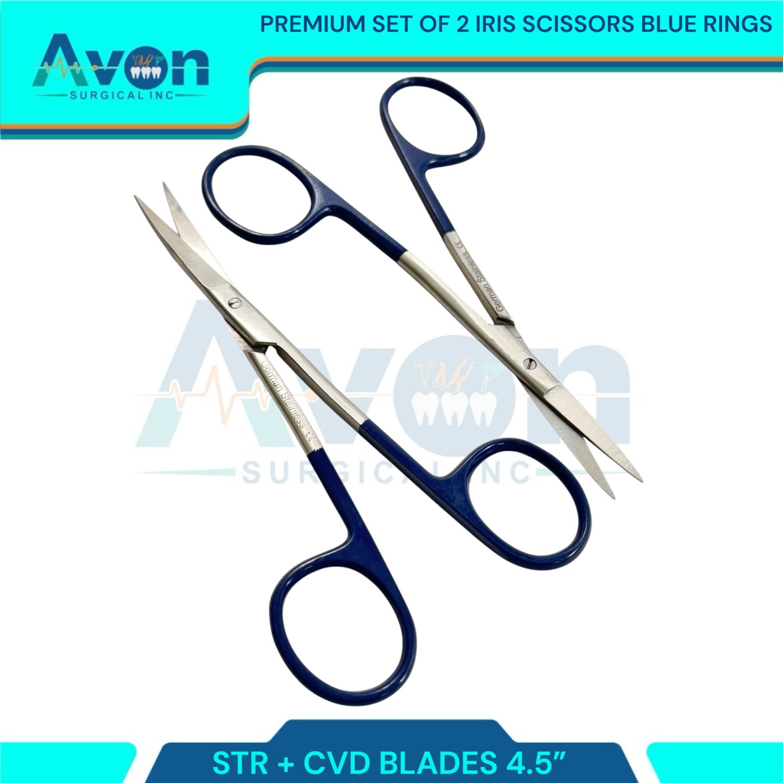 2pcs Premium Dissecting Iris Scissors with Sharp Points, Curved+Straight – 4.5in
