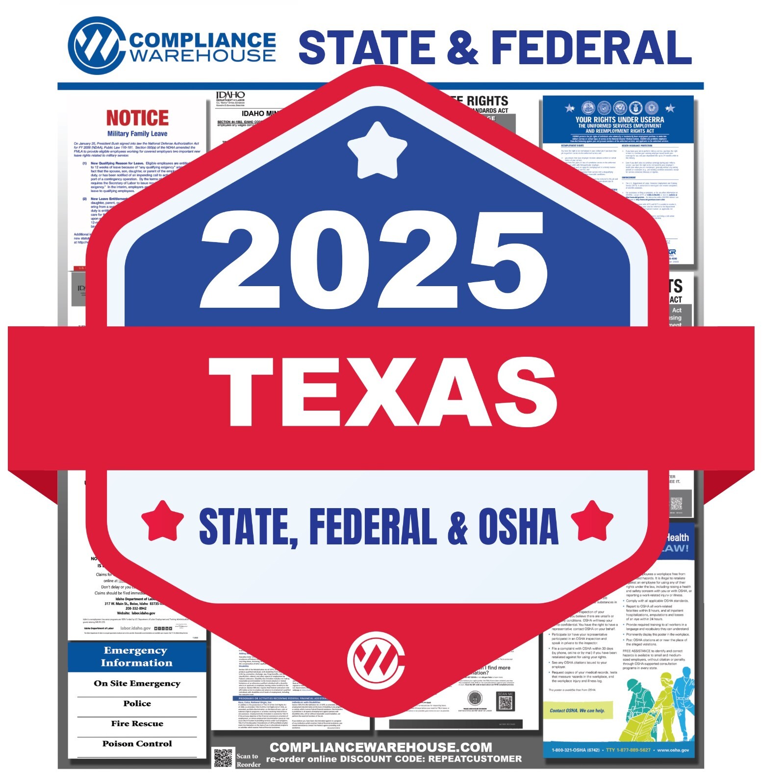 2025 Texas TX State/Federal Labor Law All In 1 Compliance Poster Paper/Laminated