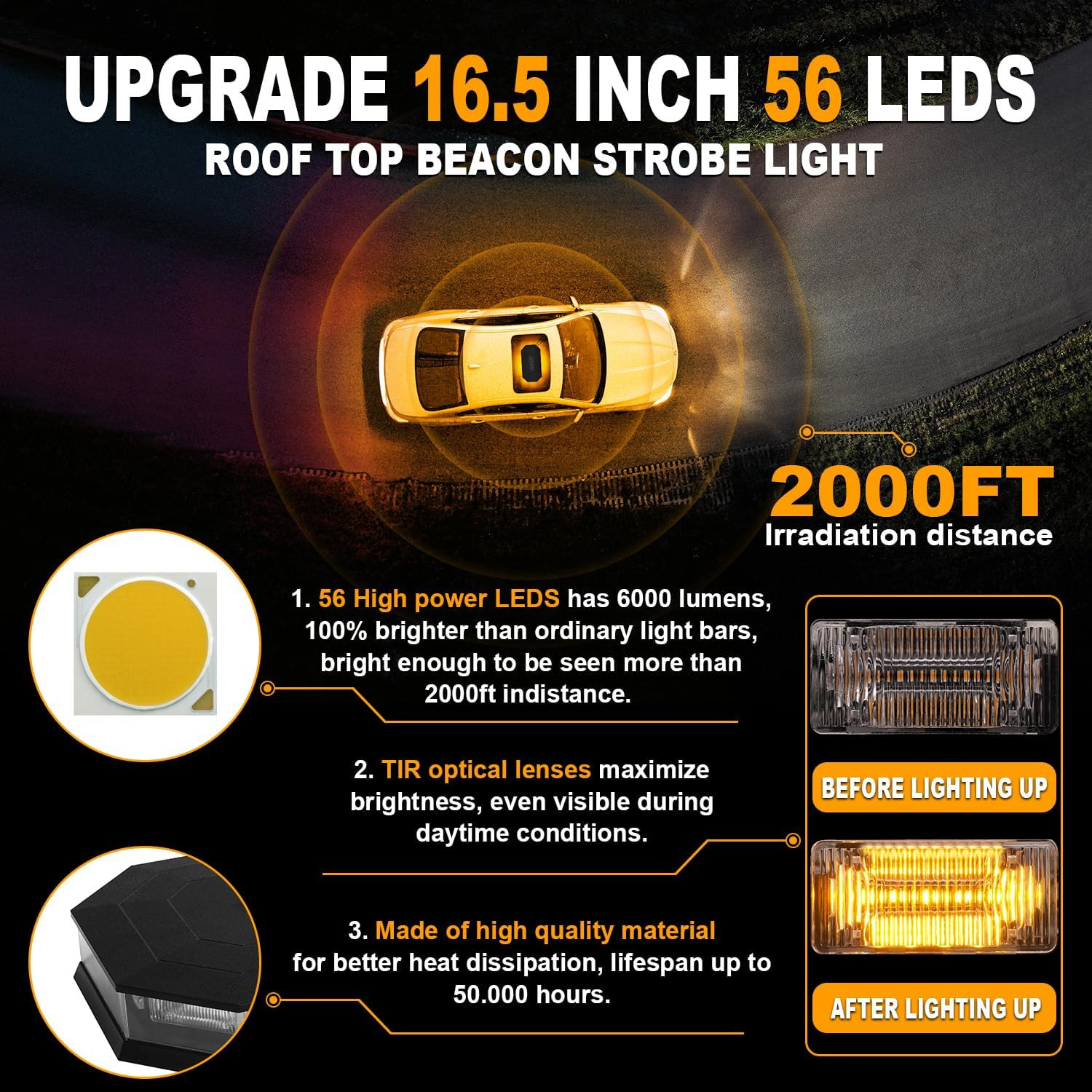 16.5 Inch Roof Top Beacon Emergency Strobe Light 56 LED Magnetic Warning Caution