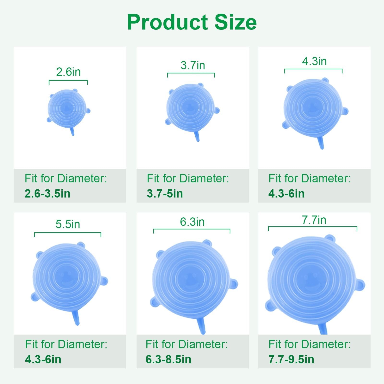 Silicone Stretch Lids – 6 Pack 2.6in, 3.7in, 4.3in, 5.5in, 6.3in, 7.7in, Blue