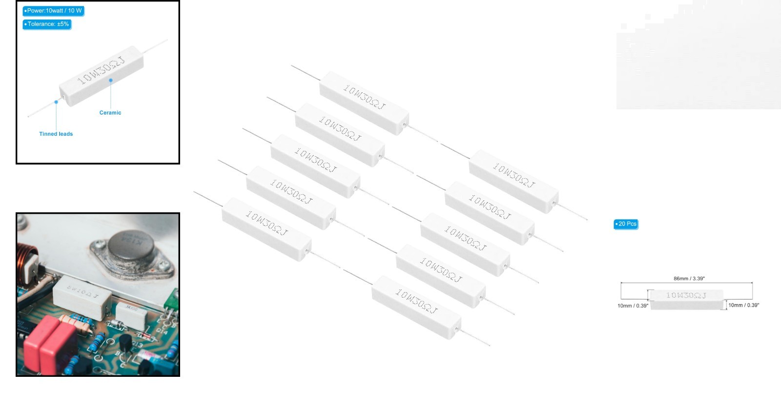 Reliable 30 Ohm Ceramic Cement Resistors – 20 Pcs, 10W Power, Moisture Resistant