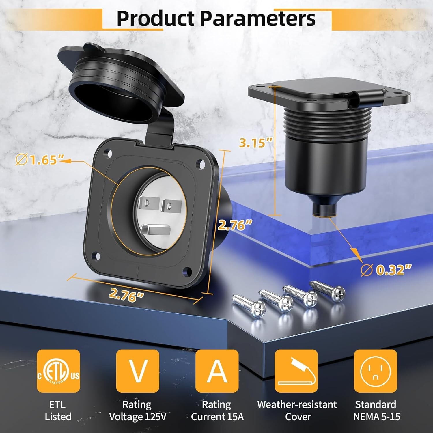 Flanged Inlet ETL Listed 15 Amp RV Plug Receptacle Block Heater Bumper Plug…