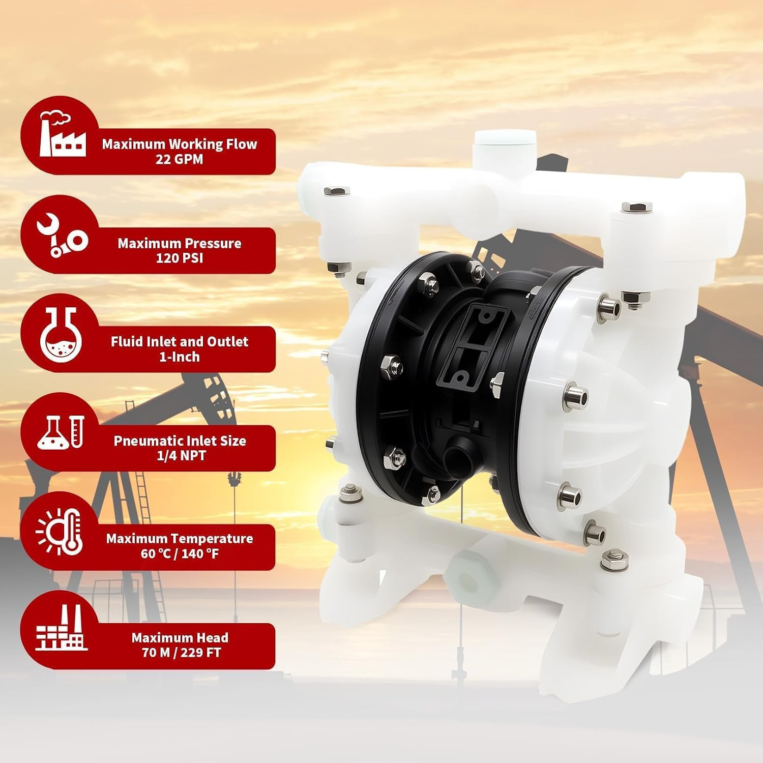 Pneumatic Double Diaphragm Pump PTFE 22GPM Max 120PSI 1″ In/Out | Used to Transp