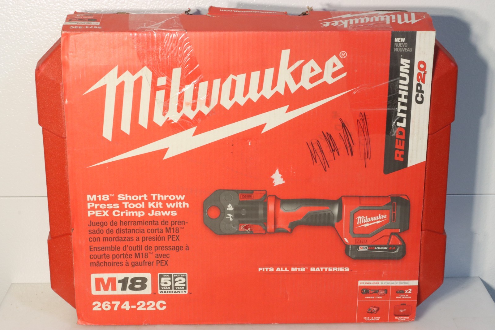 Milwaukee M18 18V Short Throw Press Tool Kit with 3 PEX Crimp Jaws W/ (2) 2.0 Ah