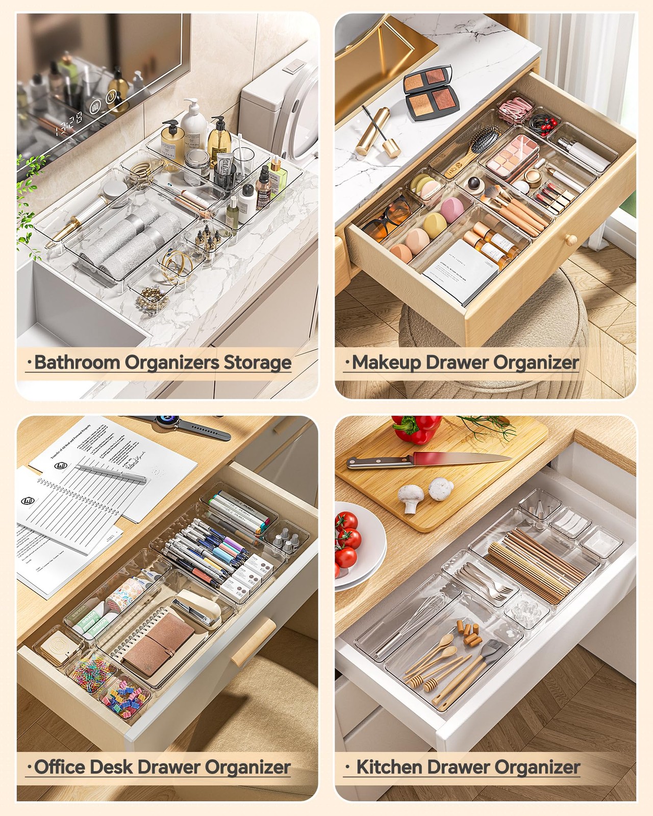 KEMETHY 25 PCS Plastic Drawer Organizers Set, 4 Sizes Vanity Organizer Clear