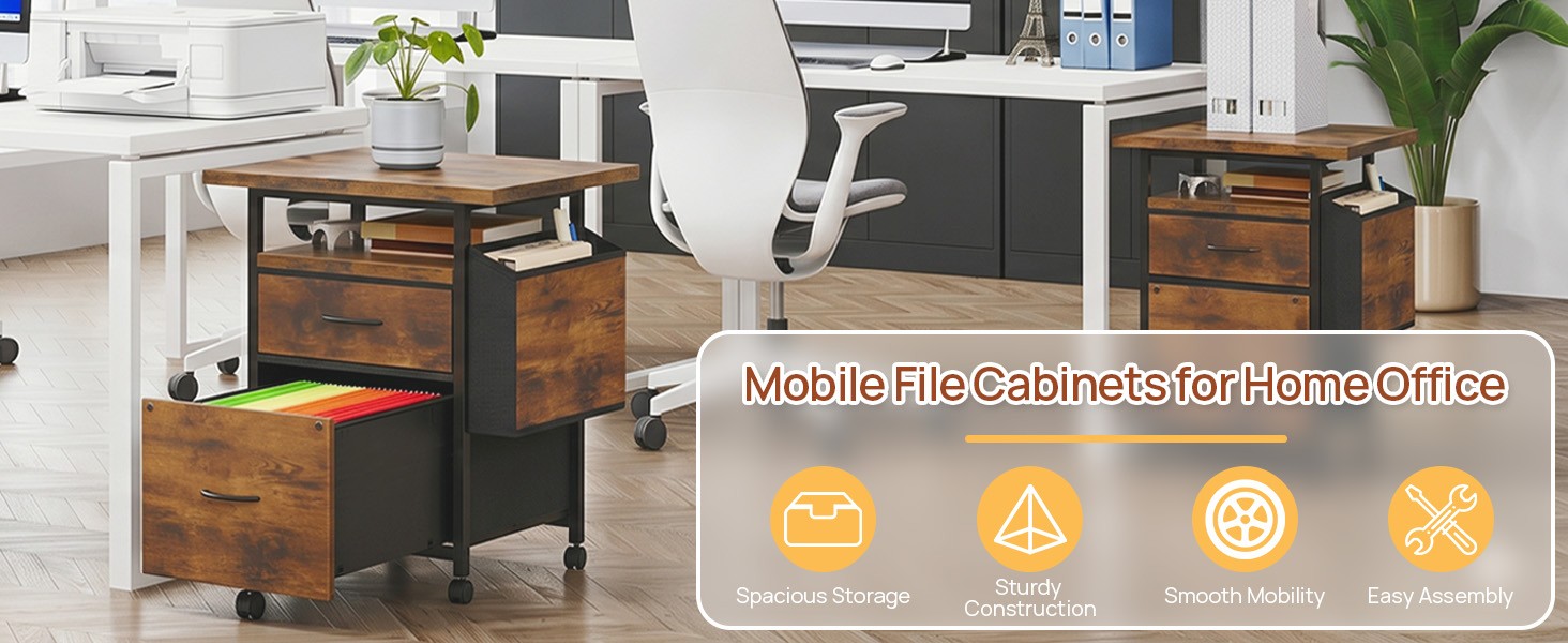 File Cabinets for Home Office, Small Printer Stand with Storage, Rolling Filing