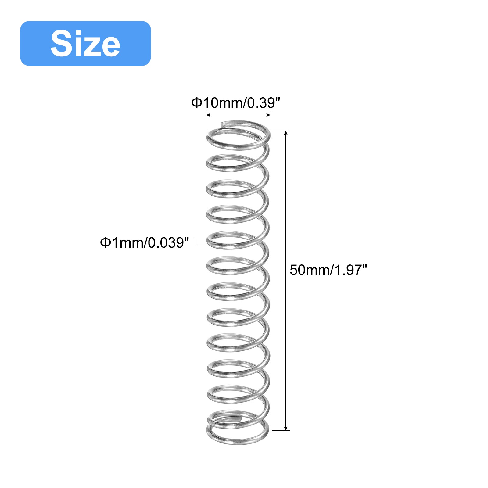 5Pcs Compression Spring 304 Stainless Steel 10mm OD 1mm Wire 50mm Length