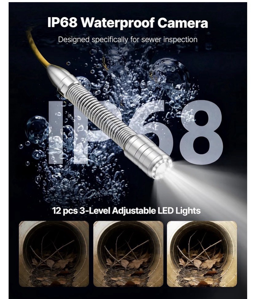 VEVOR Sewer Camera with WiFi 98.4ft/30m IP68 Drain Pipeline Camera 12 LED Lights