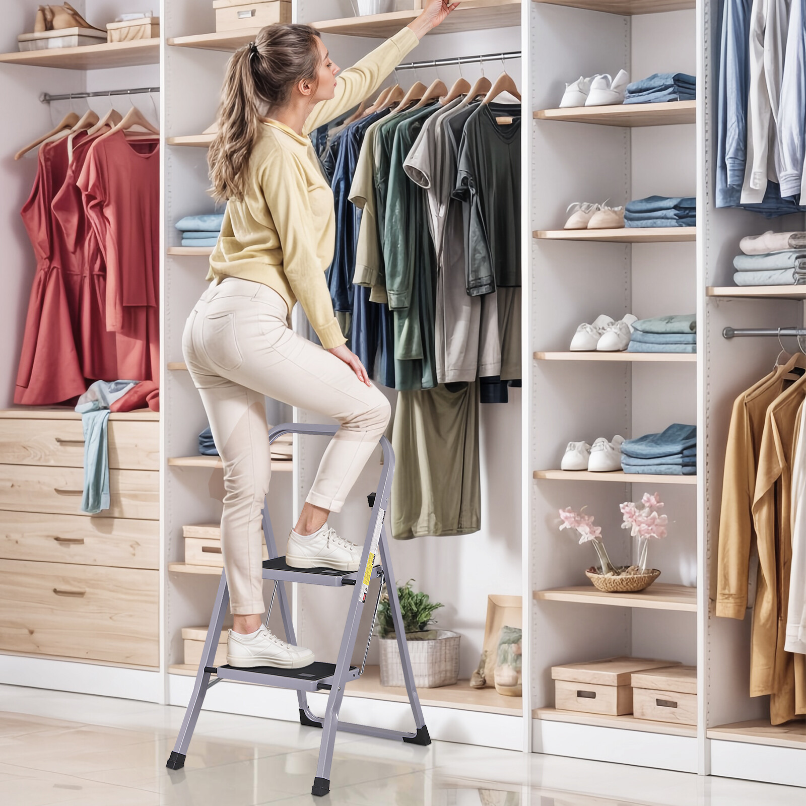 2 Step Ladder w/Anti-Slip Pedal Convenient Handgrip for Home Daily Use Gray