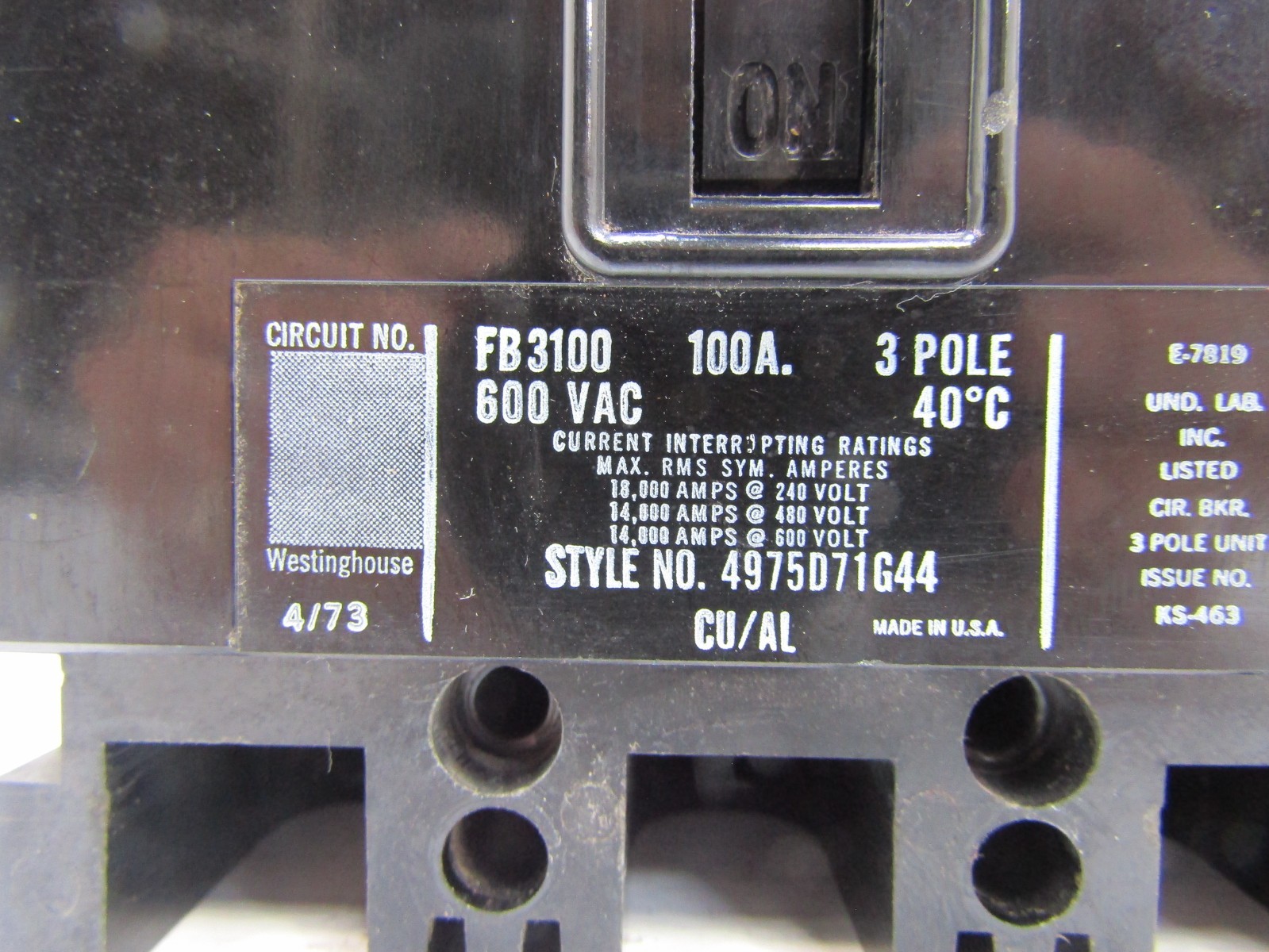 Westinghouse FB3100 100 Amp 600V 3-Pole Circuit Breaker 100A 4975D71G44