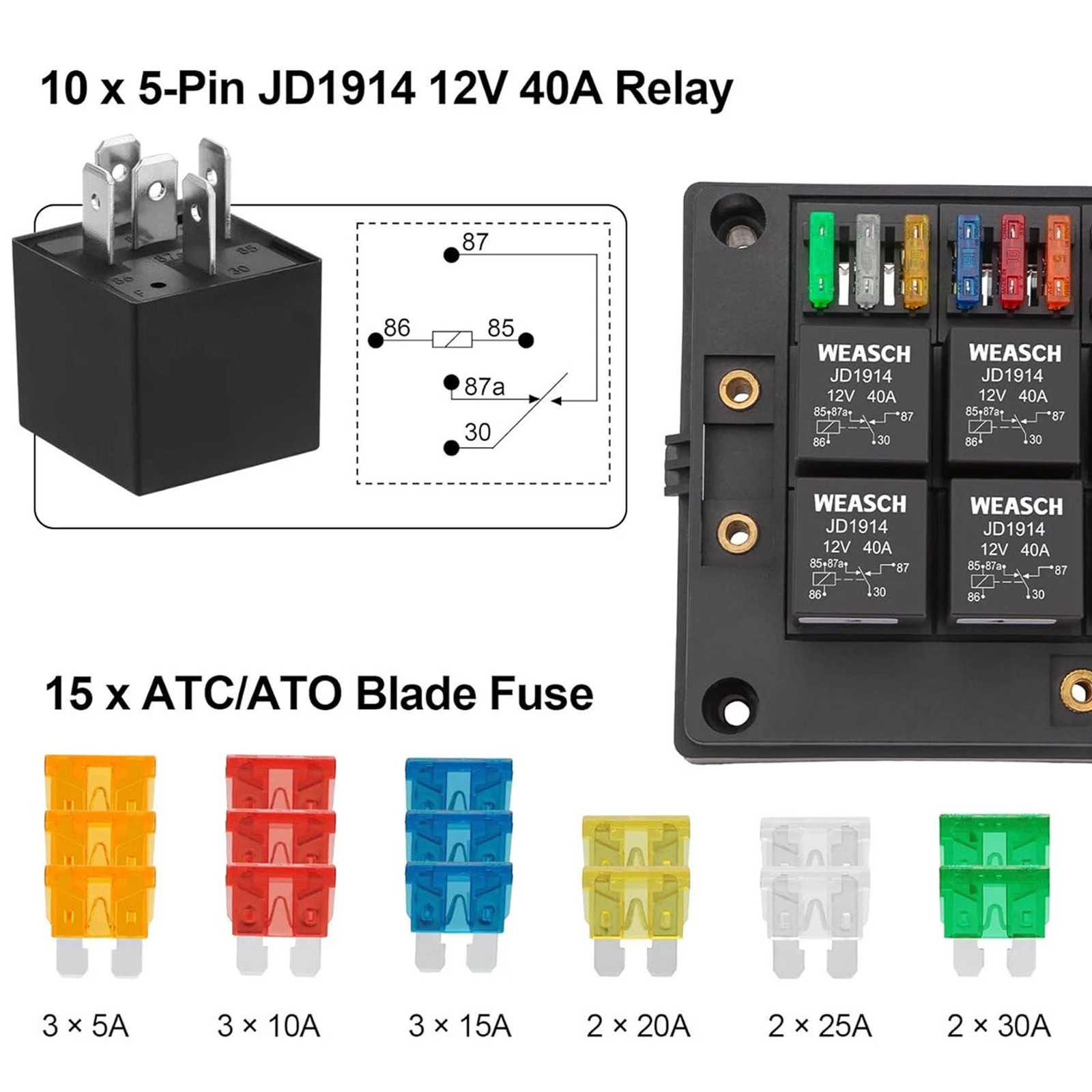Pre-Wired 15 Slots 10 Way Fuse Relay Box 12V Automotive, Fuse Relay Block New