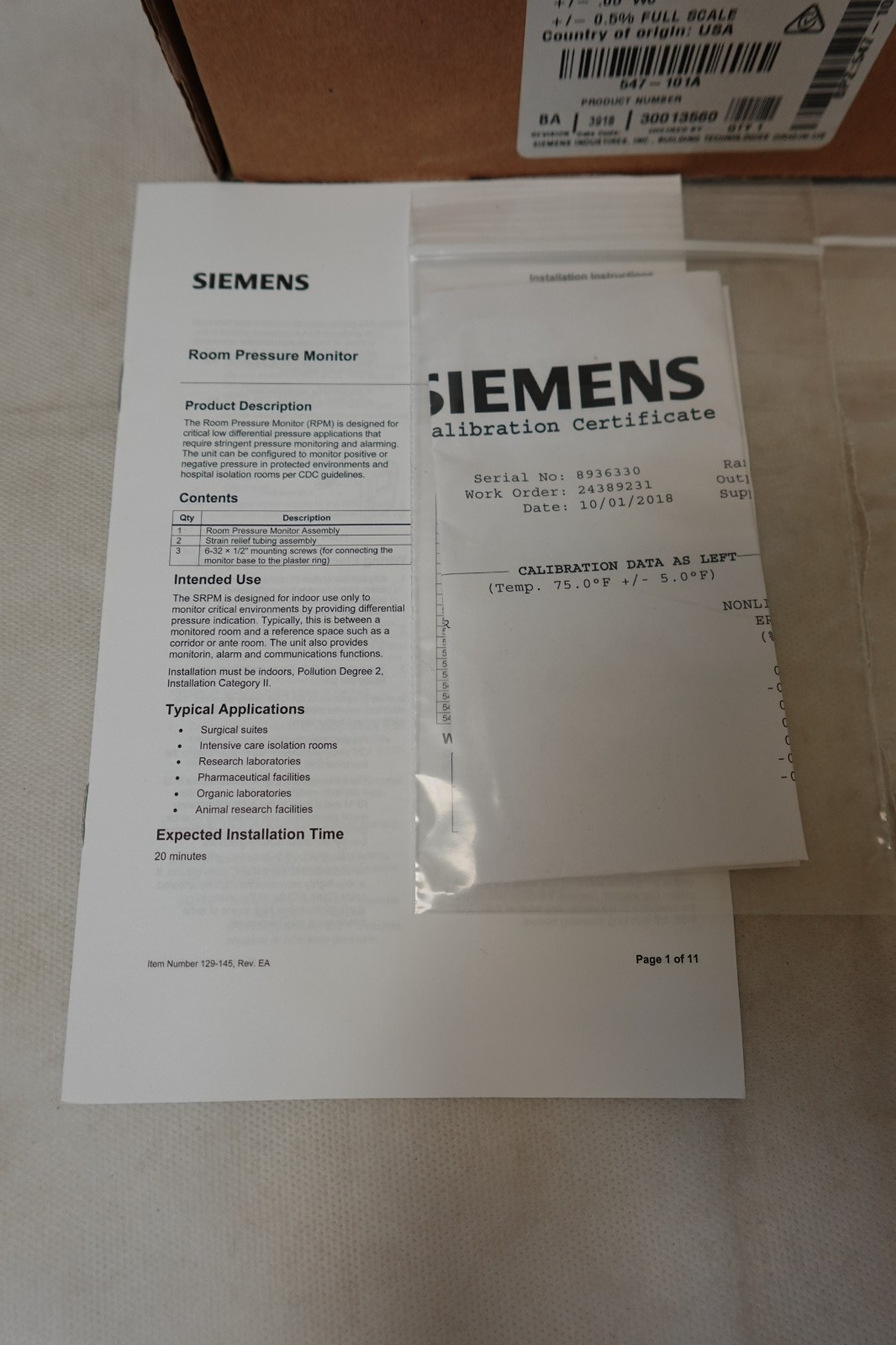 Siemens Building Technology 547-201A +/-0.5″ WC 0.5% FS Pressure Monitor – Used