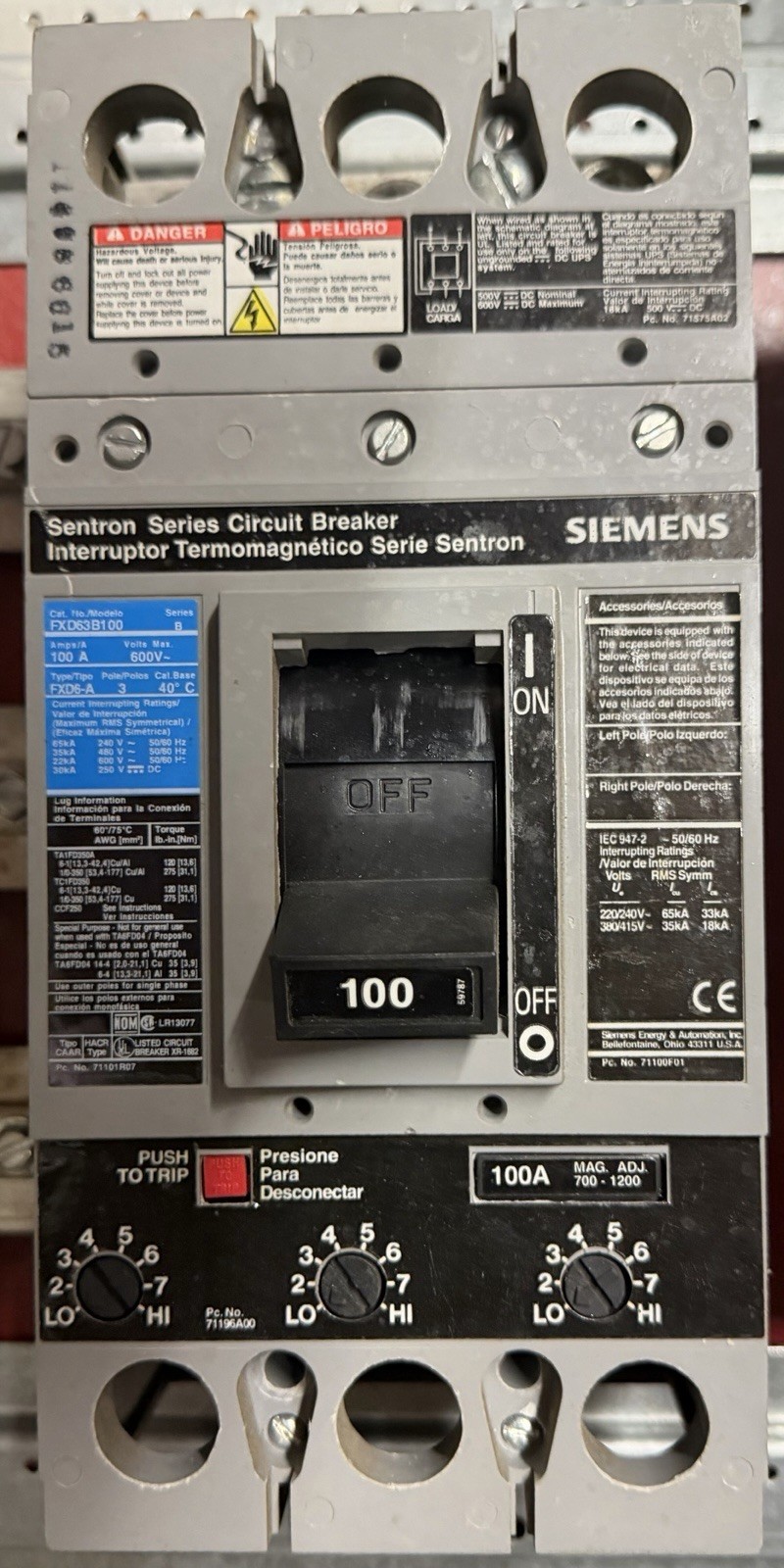 Siemens FXD63B100 100 Amp 600vac 3p Circuit Breaker