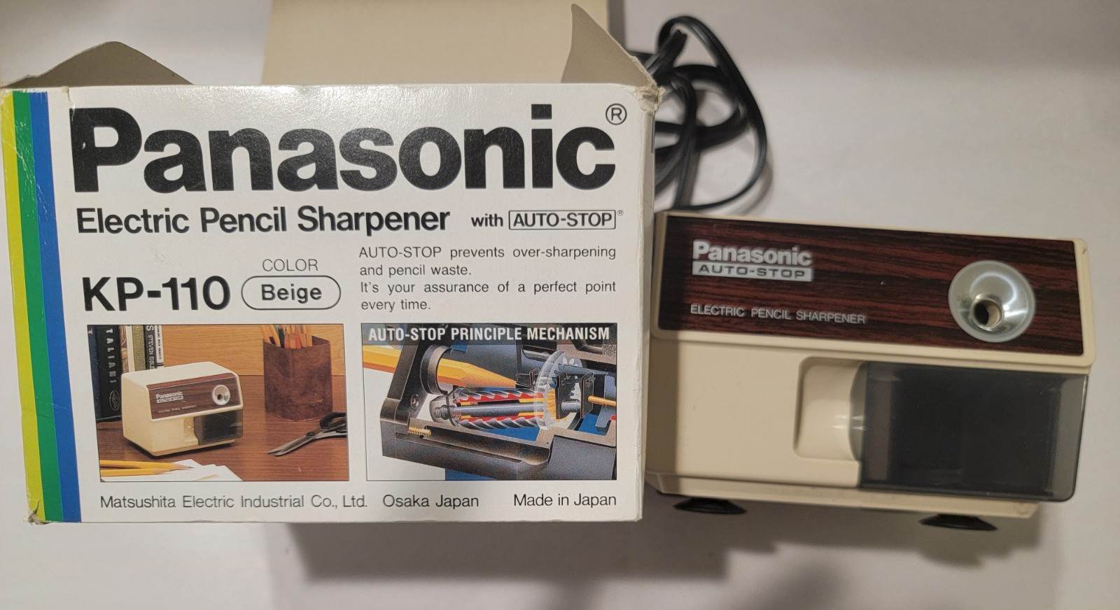 Vintage Panasonic KP-110 Auto Stop Electric Pencil Sharpener Beige With Orig Box