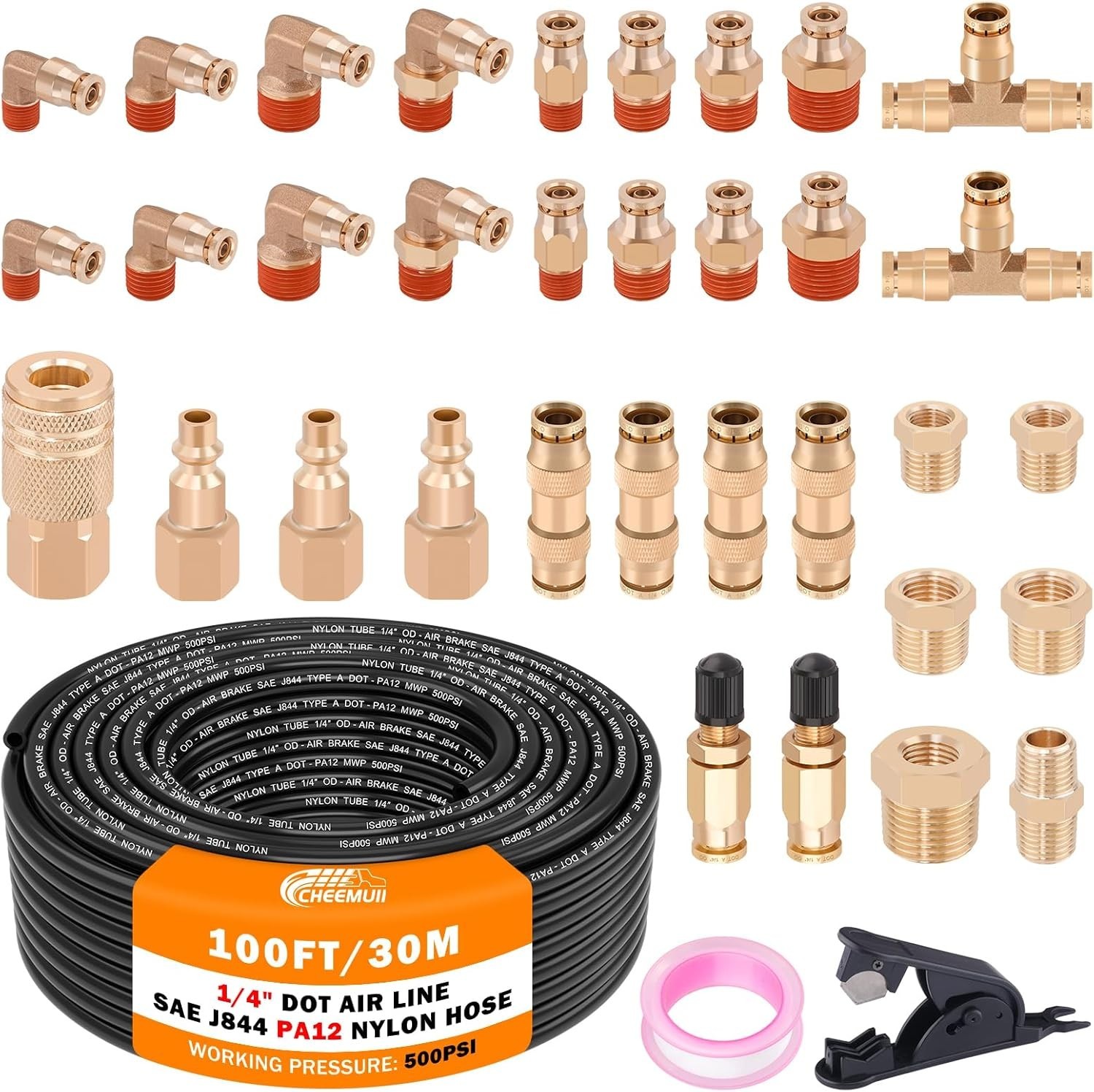 CheeMuii 100 FT 1/4″ DOT Air Line w 34 Pcs Brass DOT Air Line Fittings Kit 30.5m