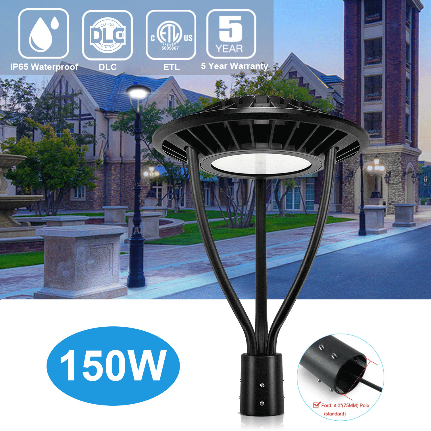 LED Post Top Pole Lights 150W Outdoor Pathway Area Light Garden Yard Lamp IP65
