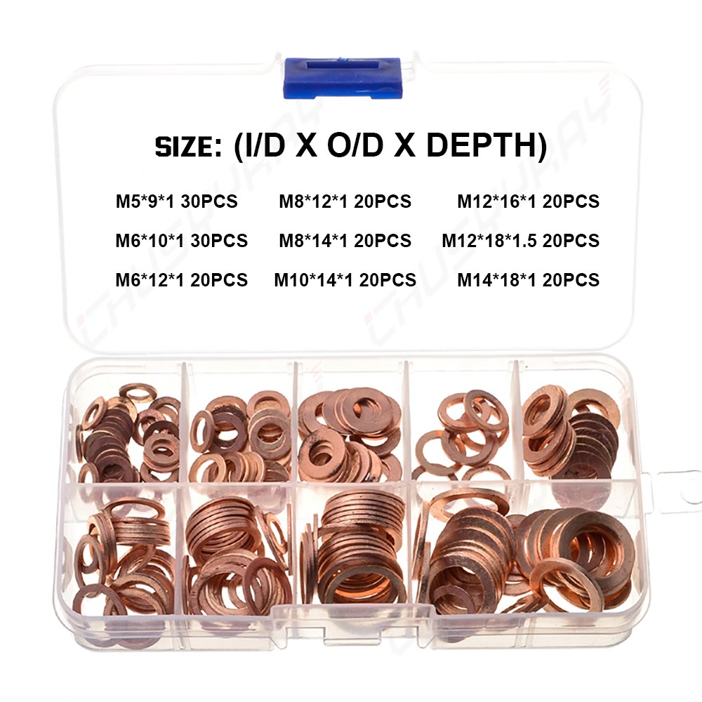 200PC M5-m14 Copper Washers Gasket Set Flat Ring Seal Kit With Plastic Box