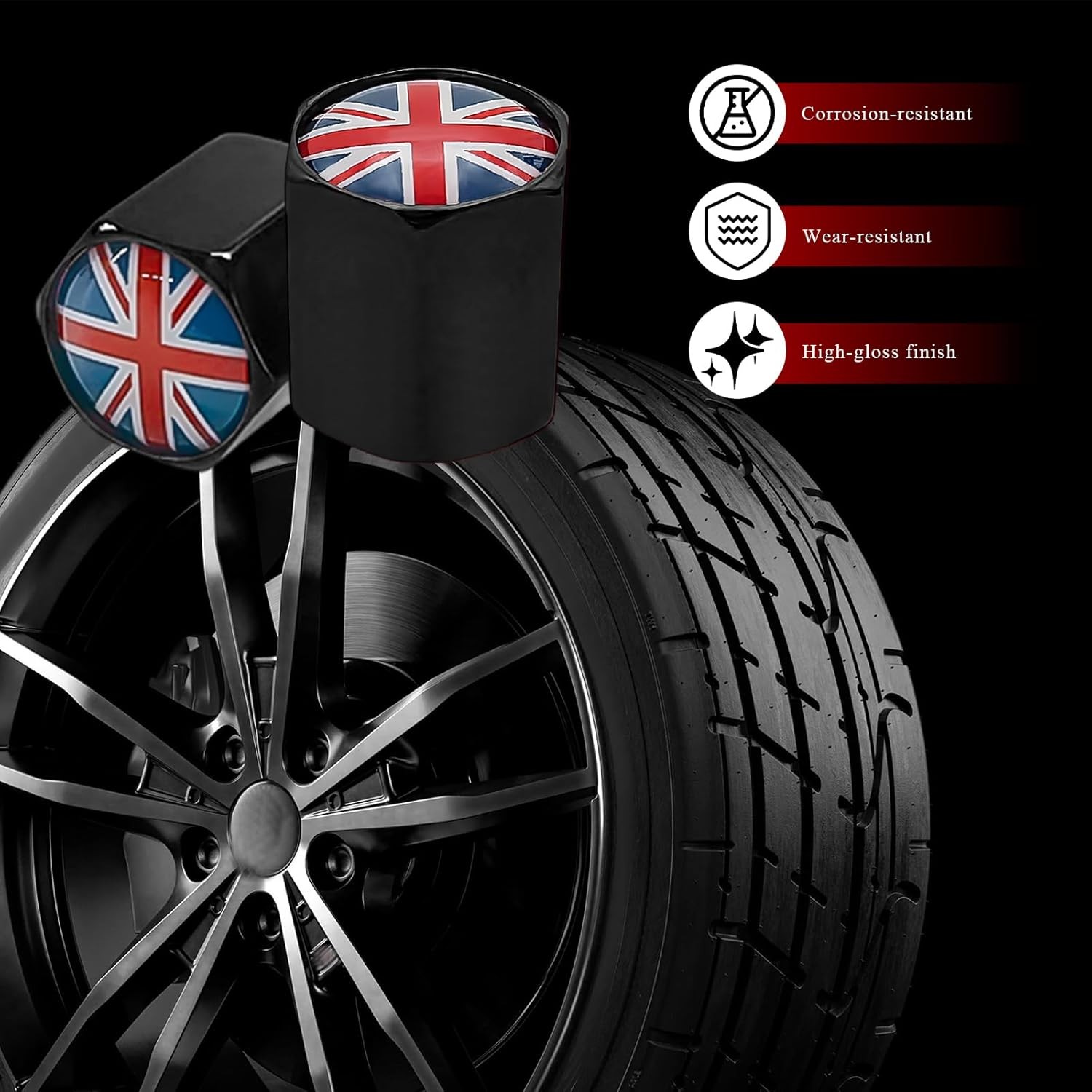 4 PCS Car Tire Valve Stem Caps, National Flag Zinc Alloy Wheel Va Color: Black