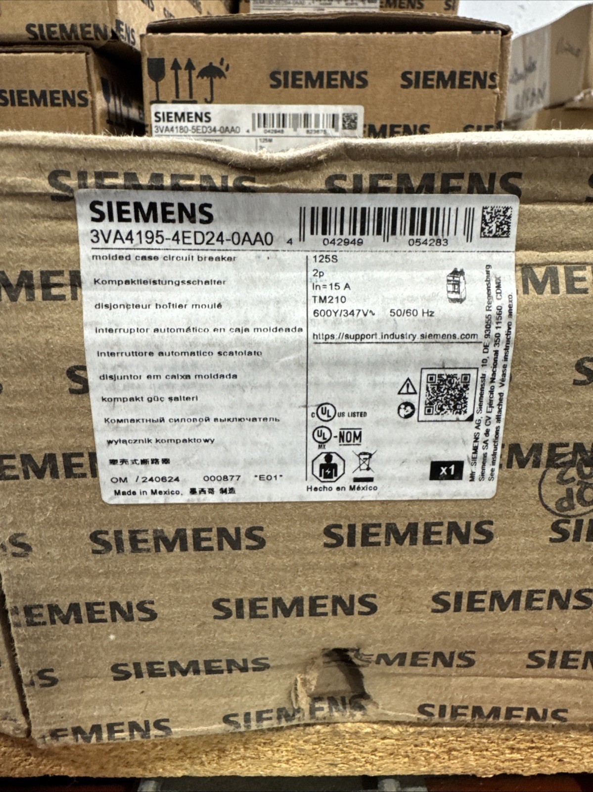 Siemens 3VA4195-4ED24-0AA0 15A 2p 600Y/347V Molded Case Breaker New In Box