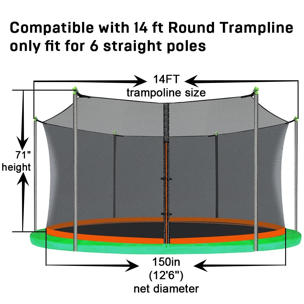 14FT Trampoline Net Replacement – 6 Straight Poles, 71in Height, UV Resistant