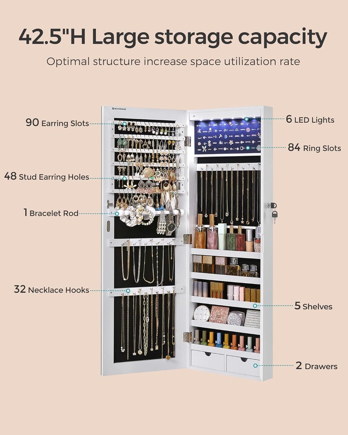 Wall-Mounted Cabinet with LED Interior Lights Door-Mounted Jewelry Organizer