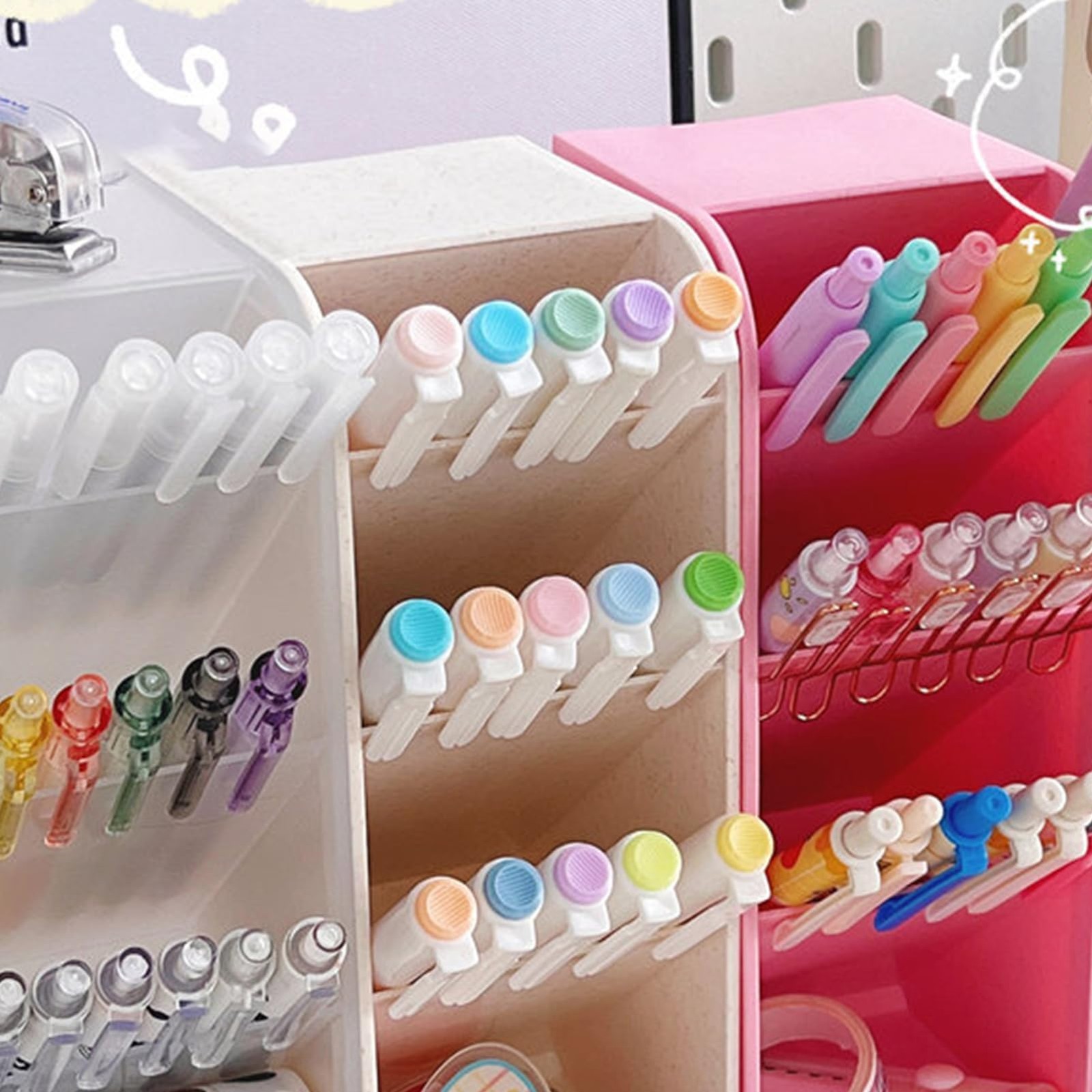 Desk Pen Holder, 4 Compartment Plastic Vertical Marker Organizer Stationary O…