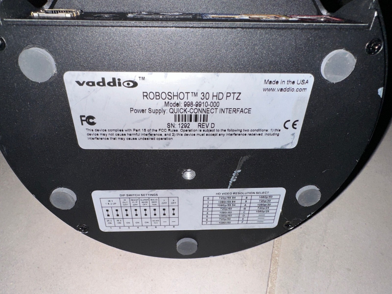 Vaddio RoboSHOT 30-HD robotic PTZ Camera (black) 998-9910-000 Quick Connect