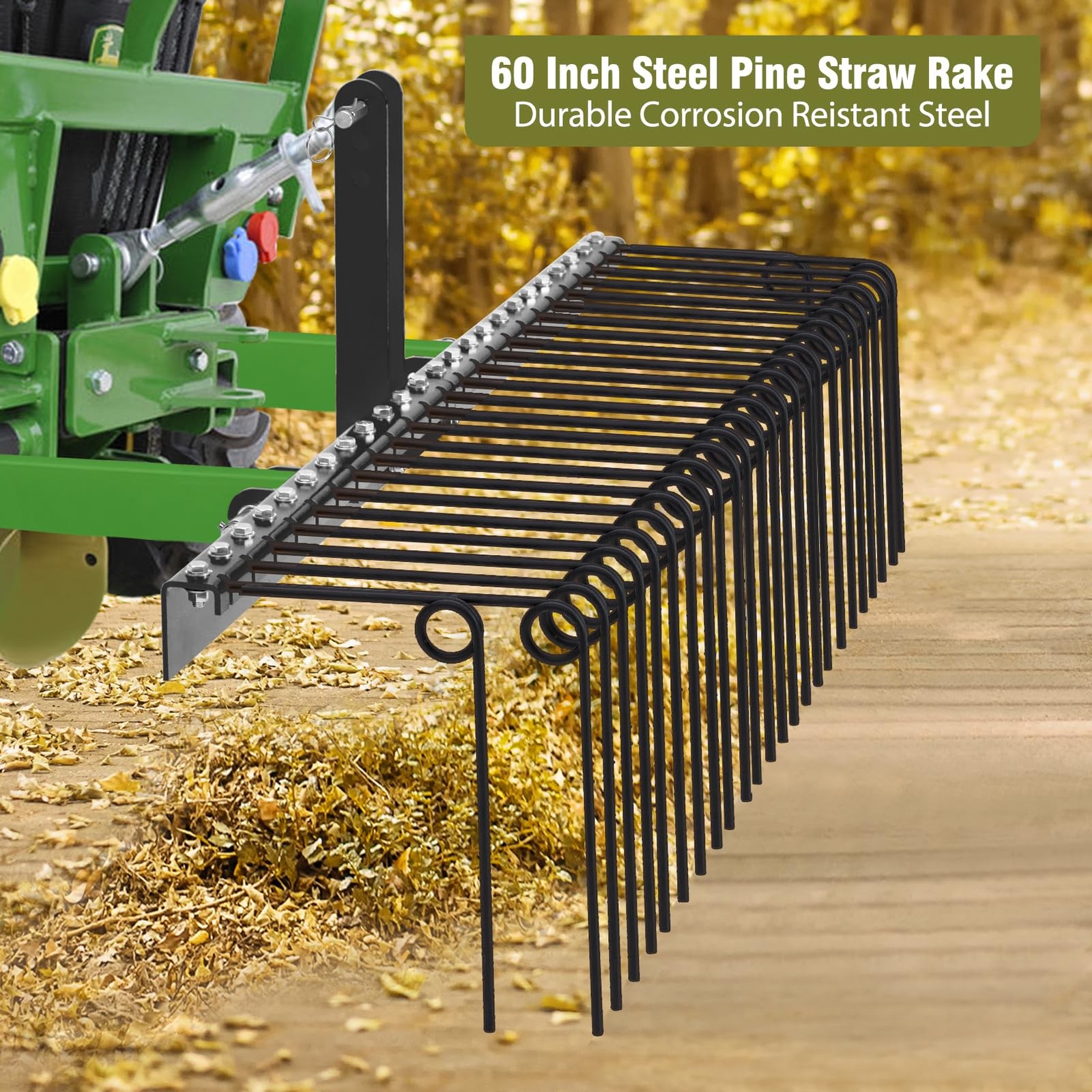 3 Point 60″ Pine Straw Rake Landscape Rake for Cat0 & Cat1 Tractor Attachment