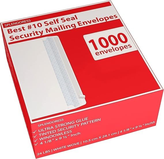 Self Seal #10 Envelopes 1000 Count Security Tinted 4.125 x 9.5 Inches 24lb