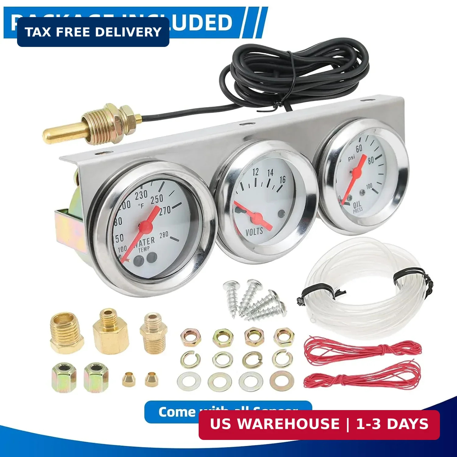 MH 2inch 52mm Triple Gauge Set, Oil Pressure Gauge (0-100PSI) +Water Temperature