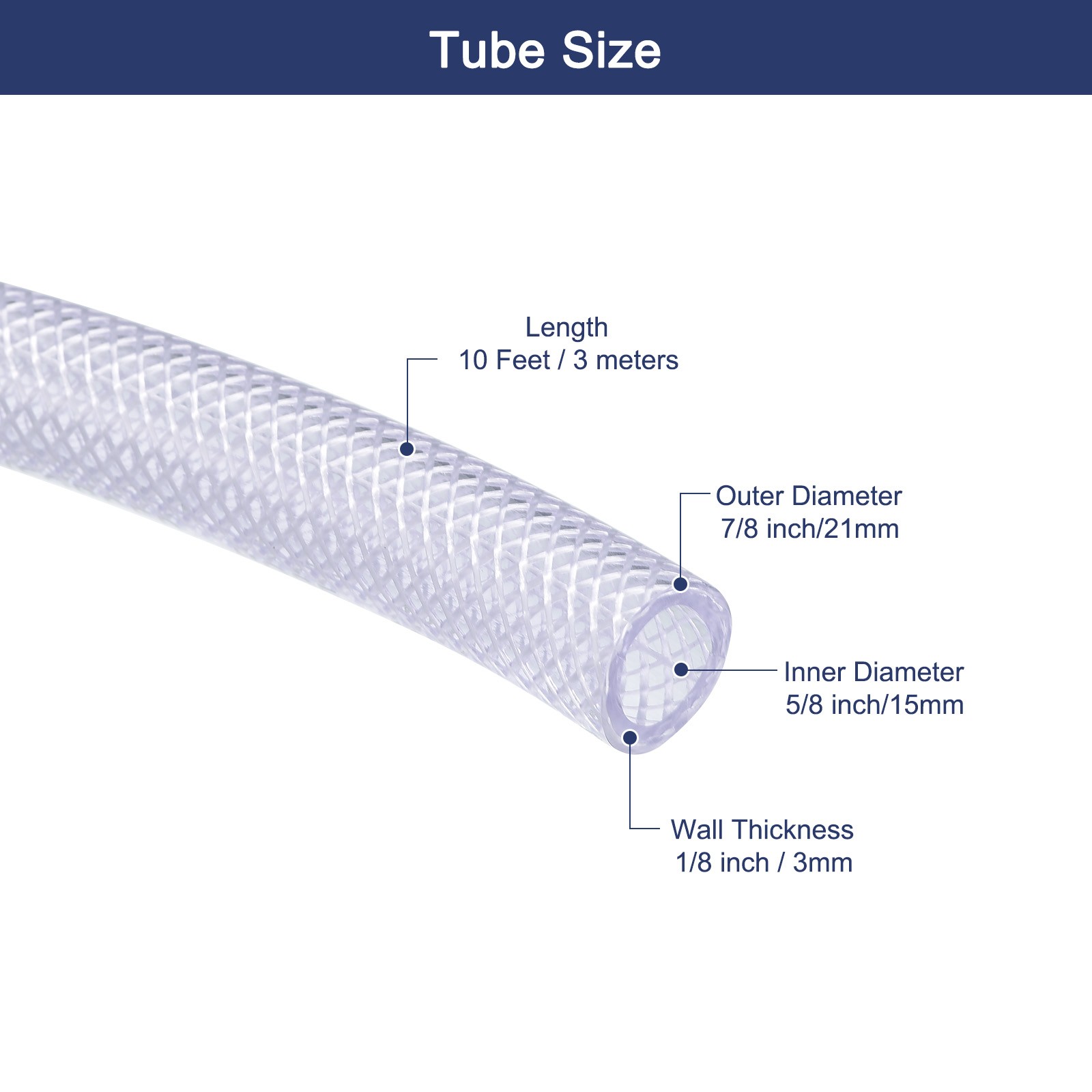 5/8″ ID x 7/8″ OD 10 Ft/3 meters Tube Braided Reinforced Tubing Hose Pipe