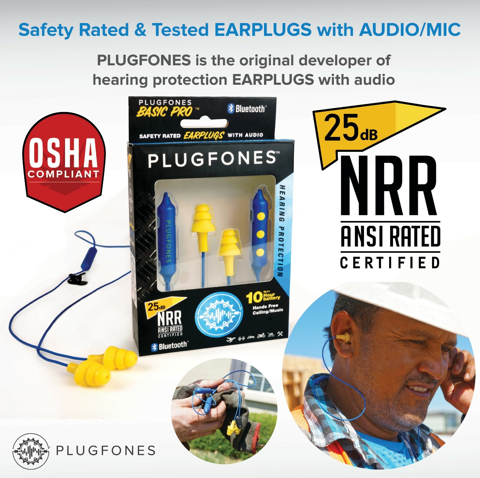 Plugfones Wireless BasicPro Bluetooth, Earplugs, Work Headphones OSHA