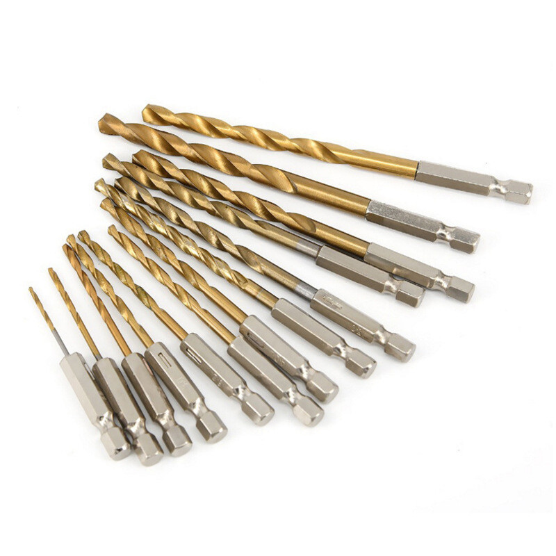 13pcs 1/4» Hex Shank Titanium Coated HSS Steel DRILL BIT Set Metal Wood Plastic