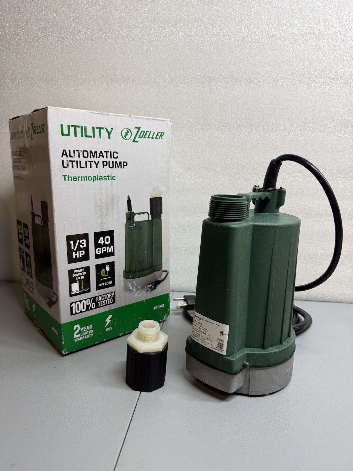 Zoeller 1043 Automatic Utility Pump 1/3 HP 40 GPM 115V Open Box New